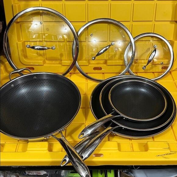 HEXCLAD 7-Piece Nonstick Stainless Steel Frying Pan Set 8 10 12- Lids Wok $600 - Picture 2 of 11